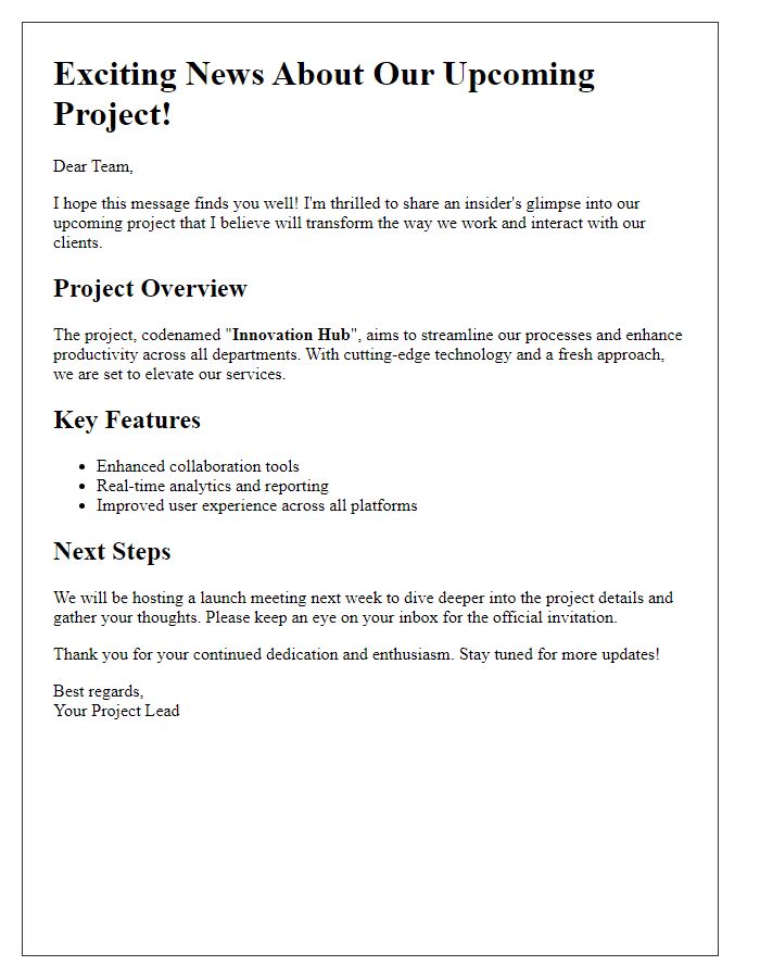 Letter template of insider's glimpse into upcoming project