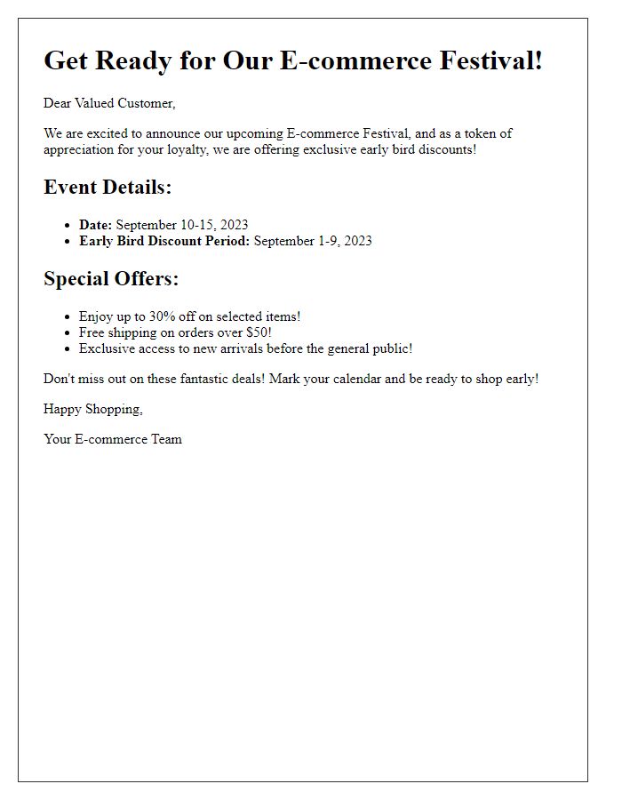 Letter template of e-commerce festival early bird discounts