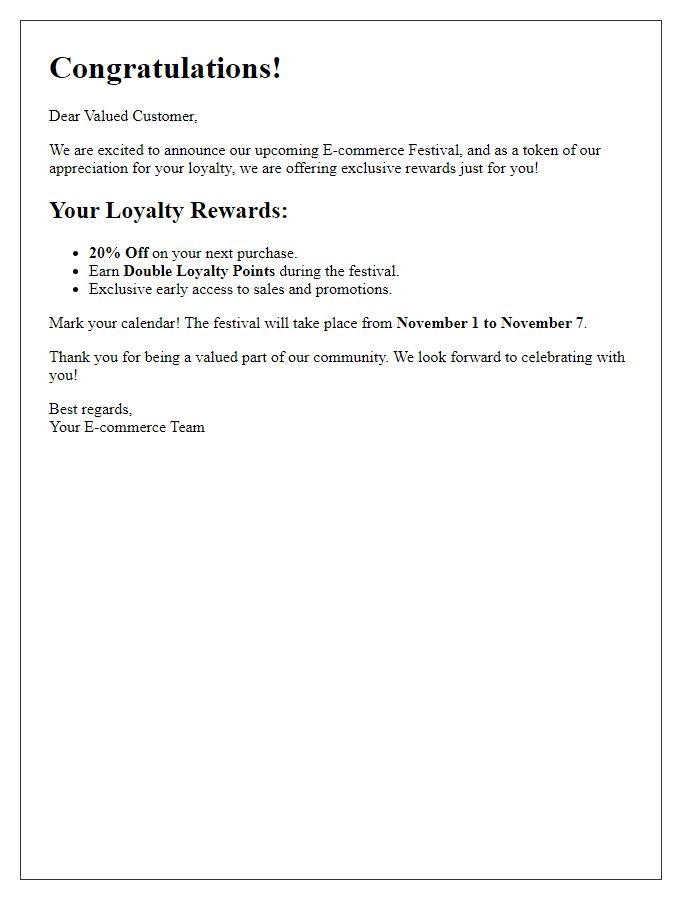 Letter template of e-commerce festival loyalty rewards