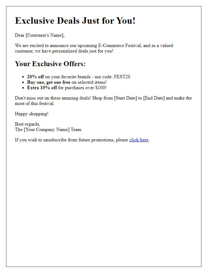 Letter template of personalized deals for e-commerce festival