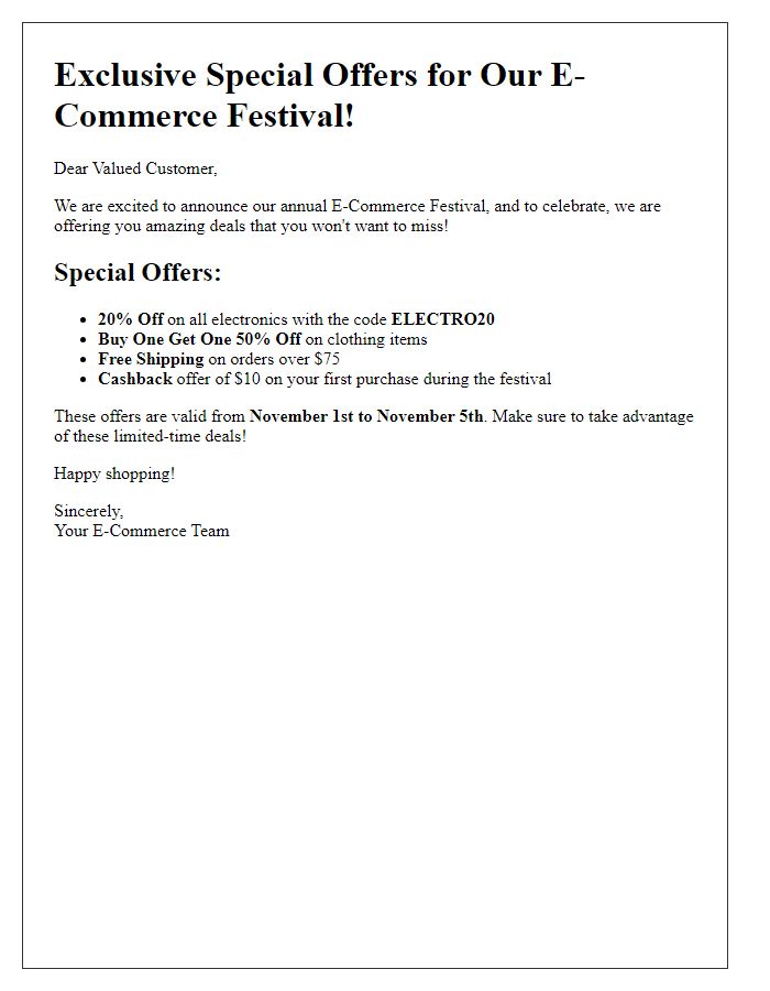 Letter template of special offers for e-commerce festival shopping