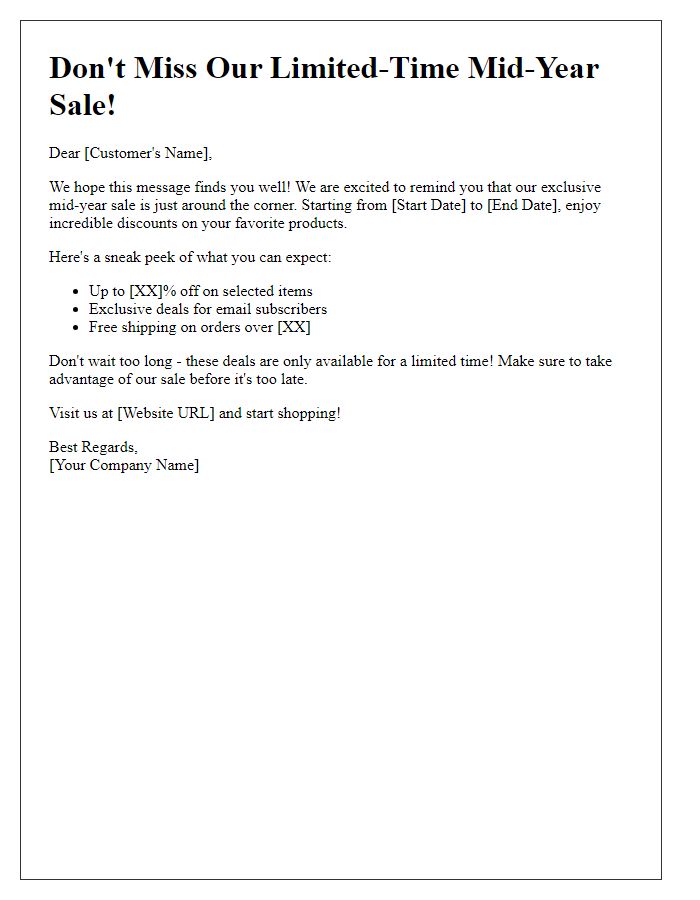 Letter template of limited-time mid-year sale reminder