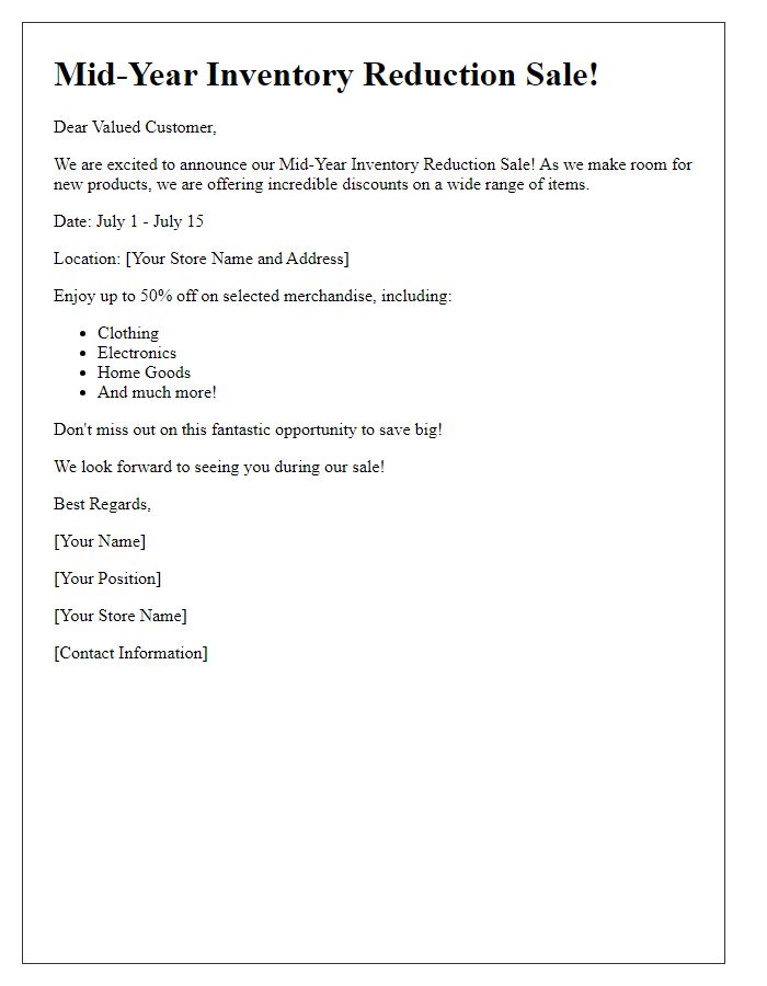 Letter template of mid-year inventory reduction sale