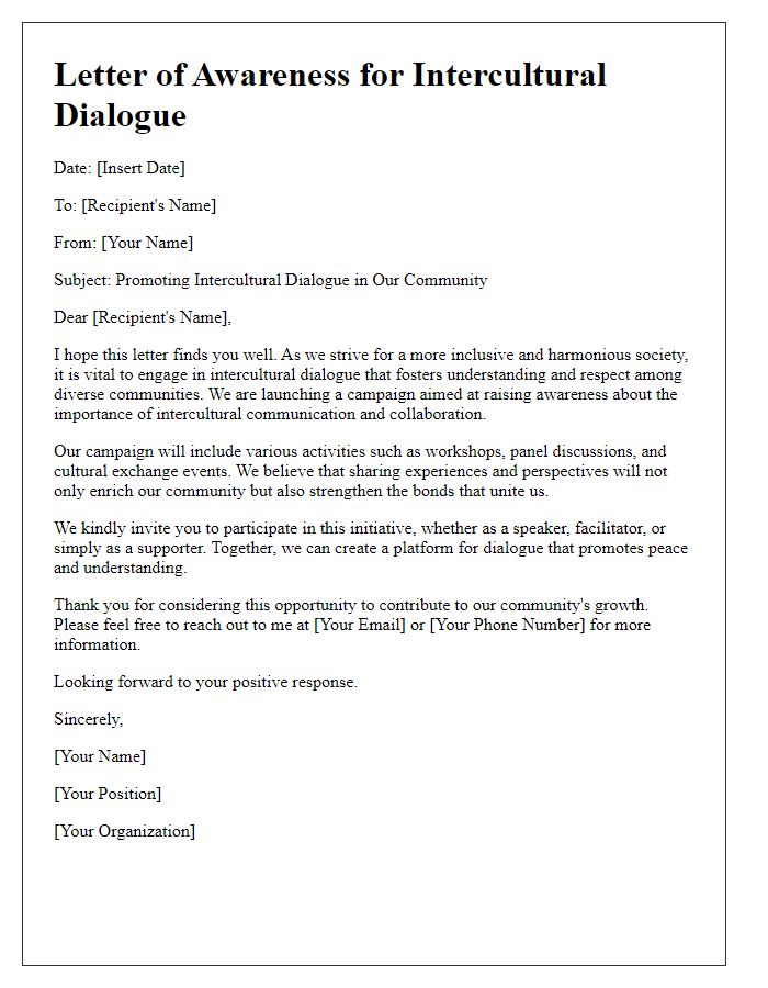 Letter template of awareness campaigns for intercultural dialogue