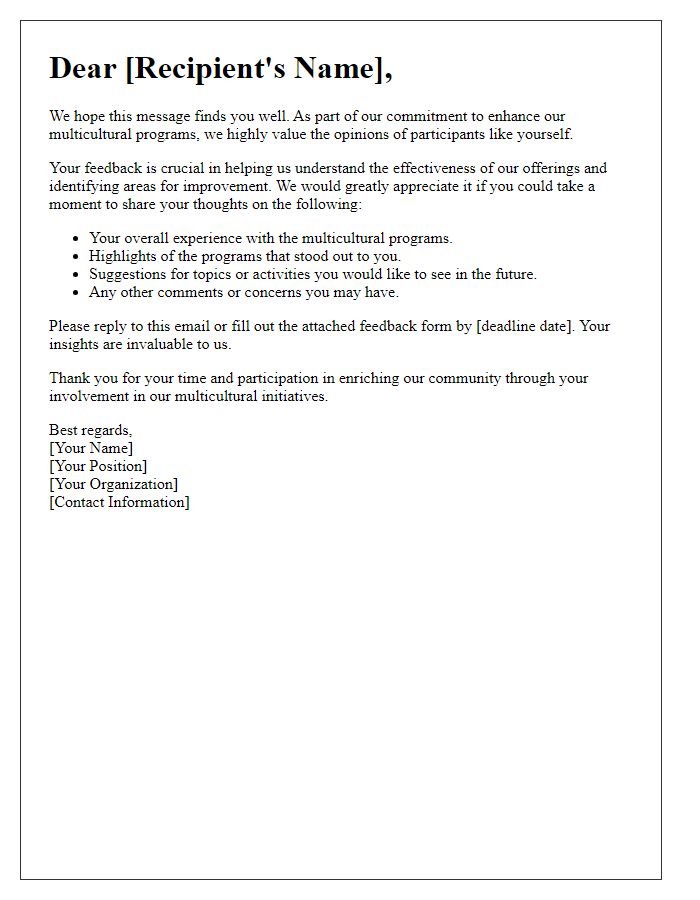 Letter template of feedback solicitation for multicultural programs