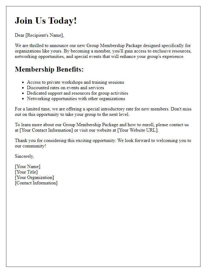 Letter template of group membership package promotion