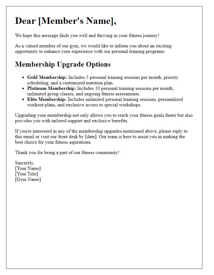 Letter template of personal training membership upgrades