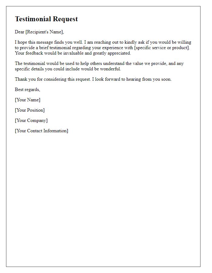 Letter template of brief testimonial request