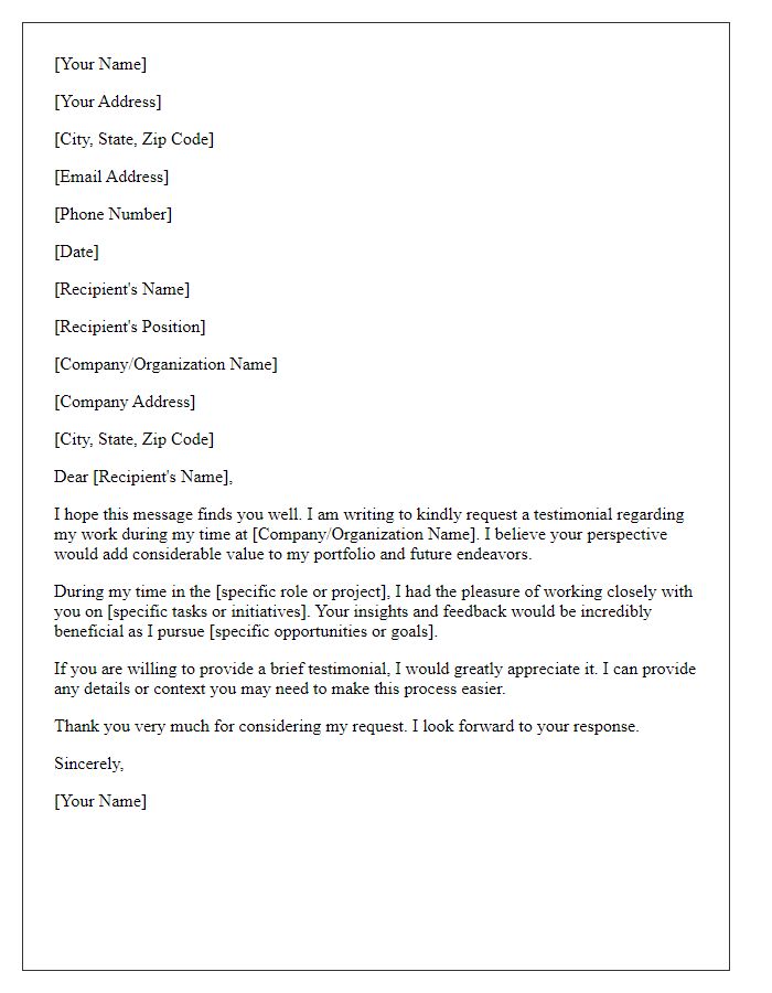 Letter template of formal testimonial request