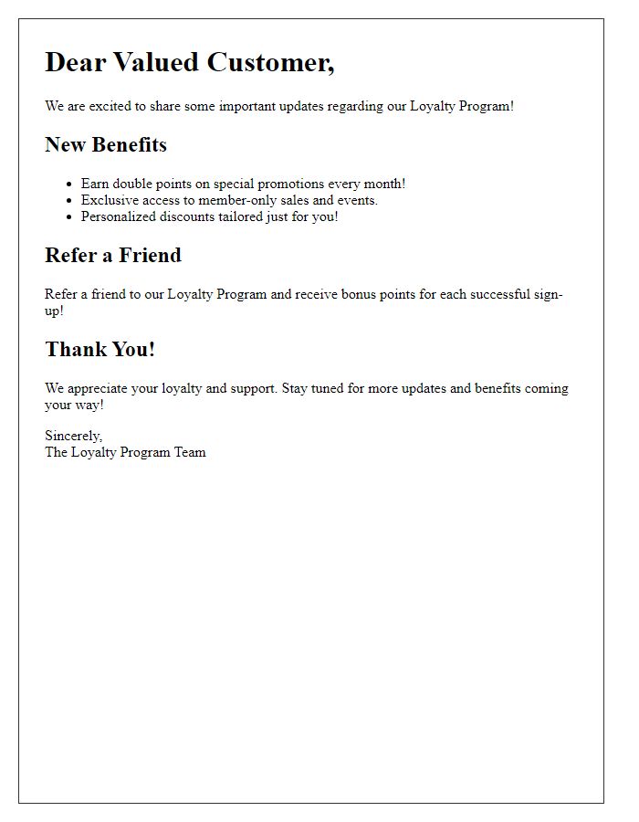 Letter template of loyalty program updates for valued customers