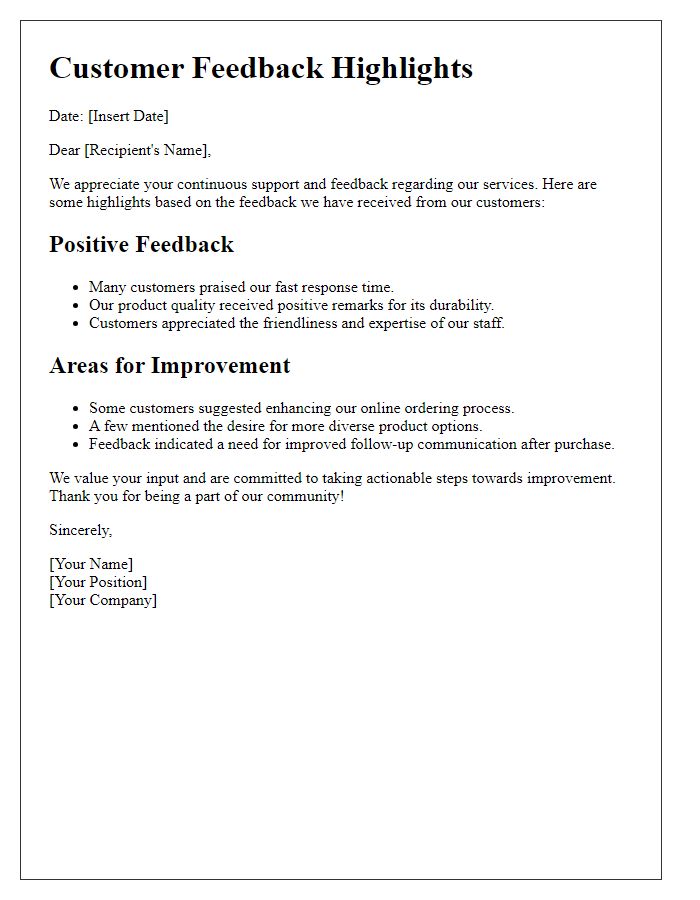 Letter template of Customer Feedback Highlights