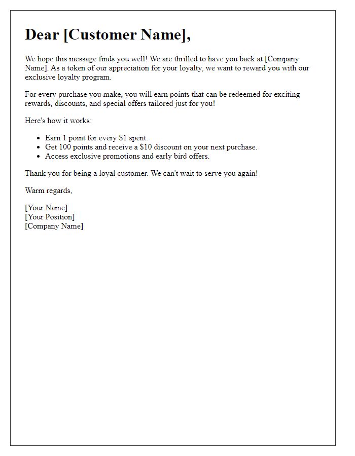 Letter template of loyalty rewards for returning customers