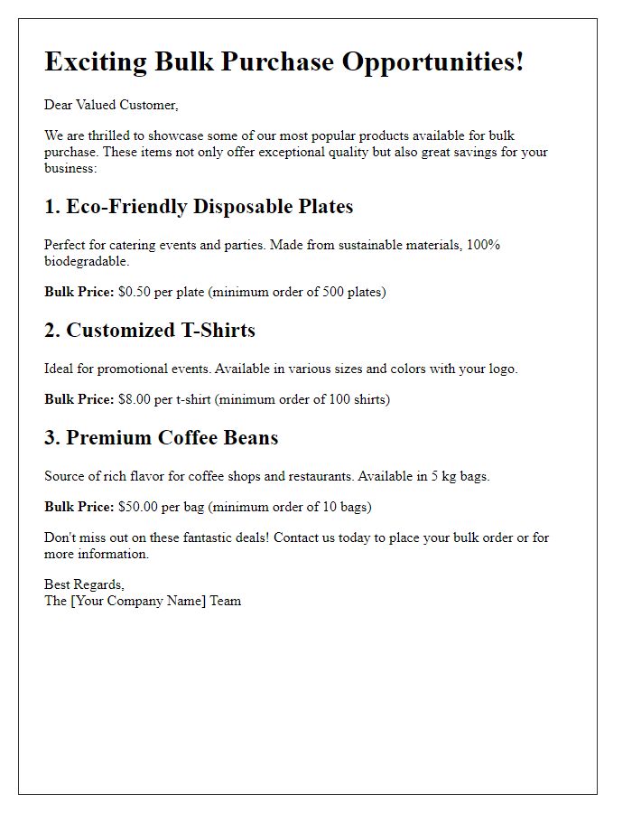 Letter template of showcasing popular bulk purchase products.