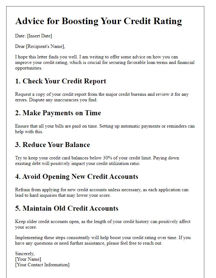 Letter template of advice for boosting your credit rating