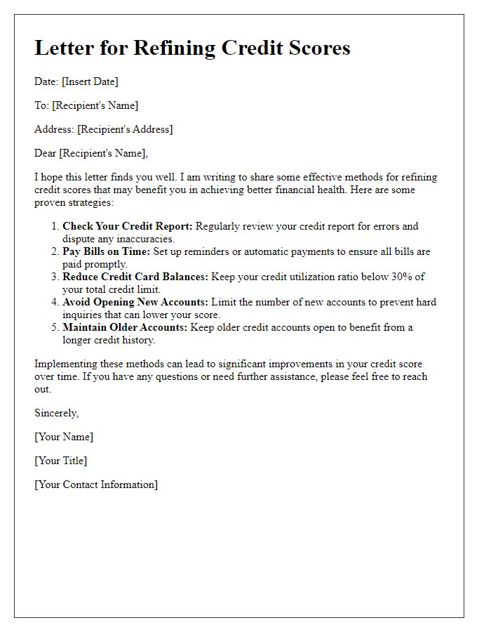 Letter template of methods for refining credit scores