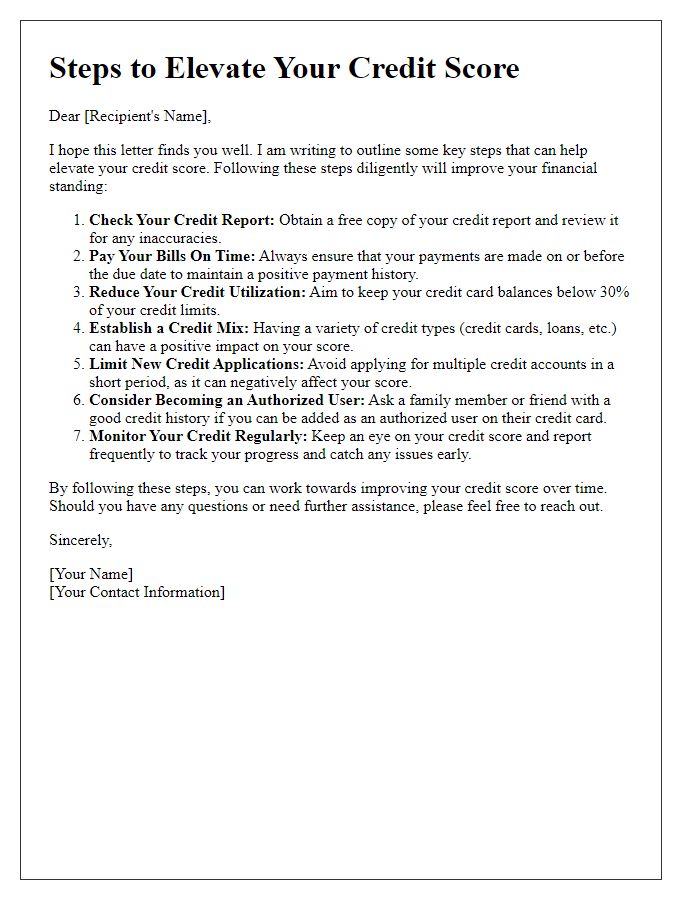 Letter template of steps to elevate credit scores