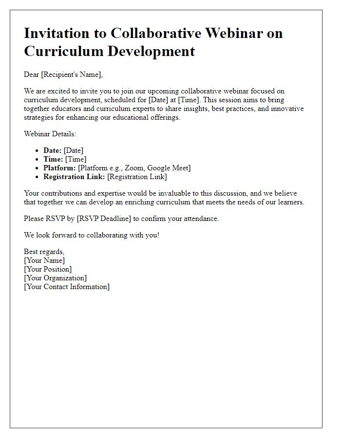 Letter template of invitation to a collaborative webinar for curriculum development.