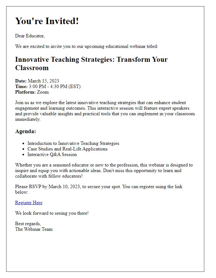 Letter template of invitation to an educational webinar on innovative teaching strategies.