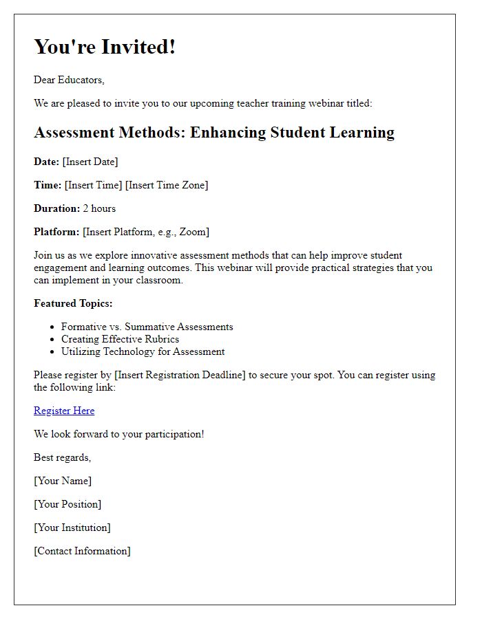 Letter template of invitation to a teacher training webinar on assessment methods.