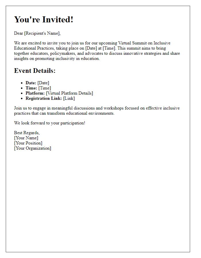 Letter template of invitation to a virtual summit on inclusive educational practices.