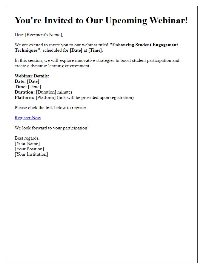 Letter template of invitation to a webinar about enhancing student engagement techniques.