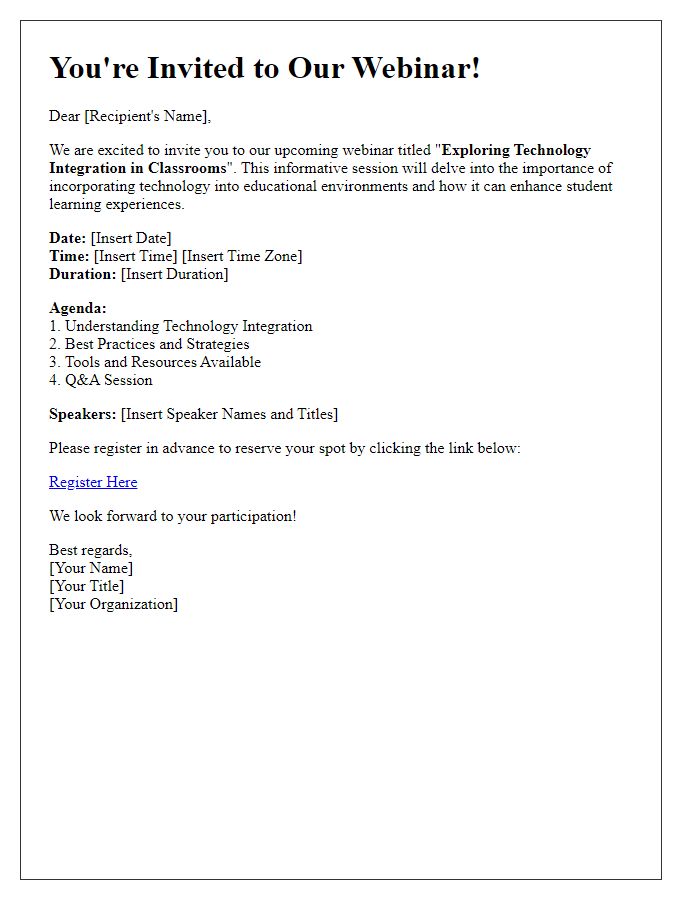 Letter template of invitation to a webinar exploring technology integration in classrooms.