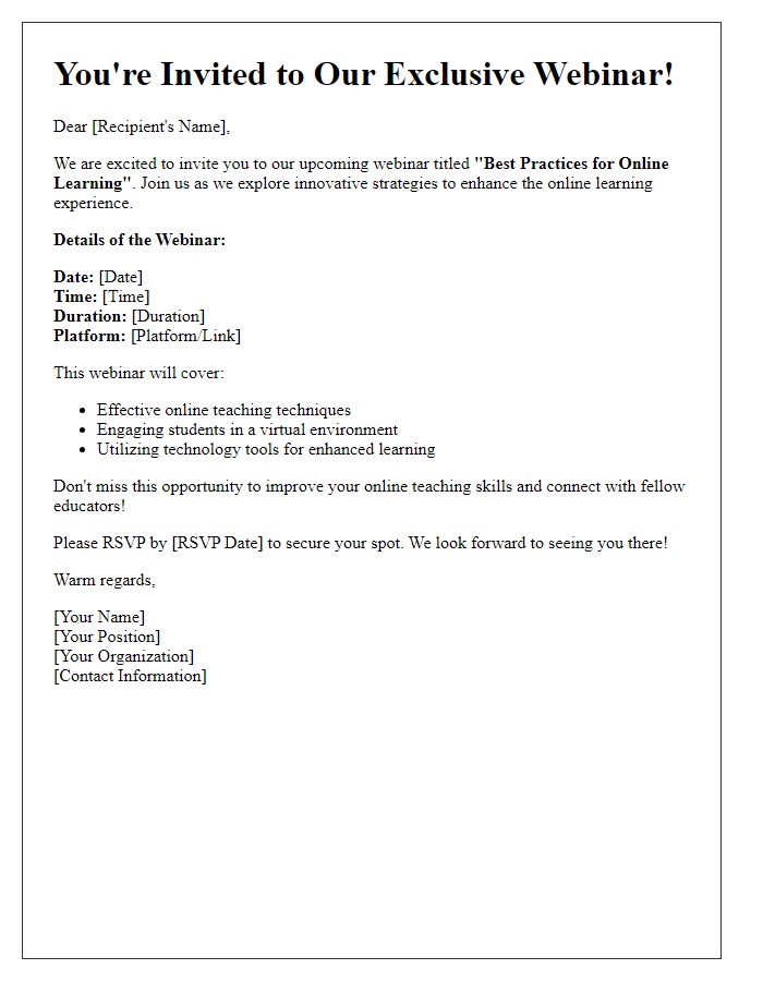 Letter template of invitation to a webinar focused on online learning best practices.