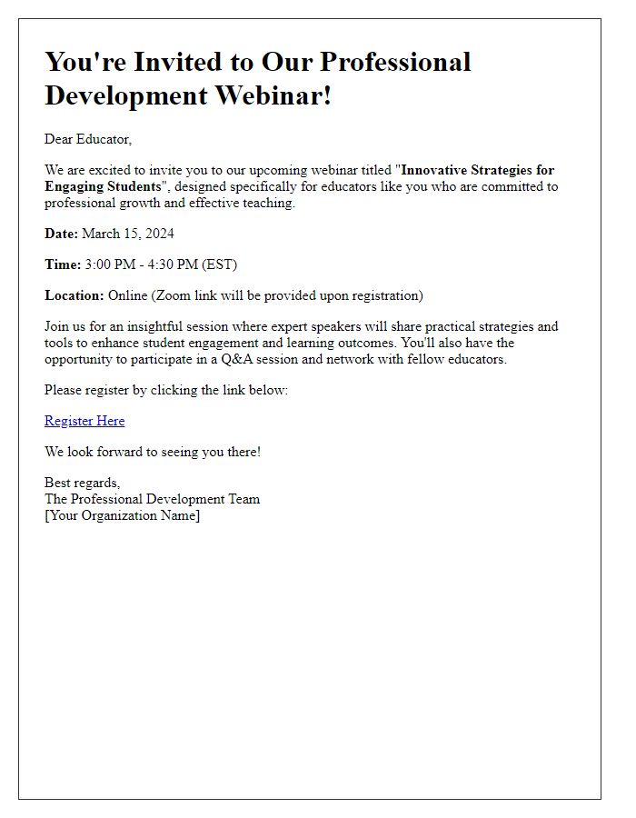 Letter template of invitation to a webinar for professional development in education.