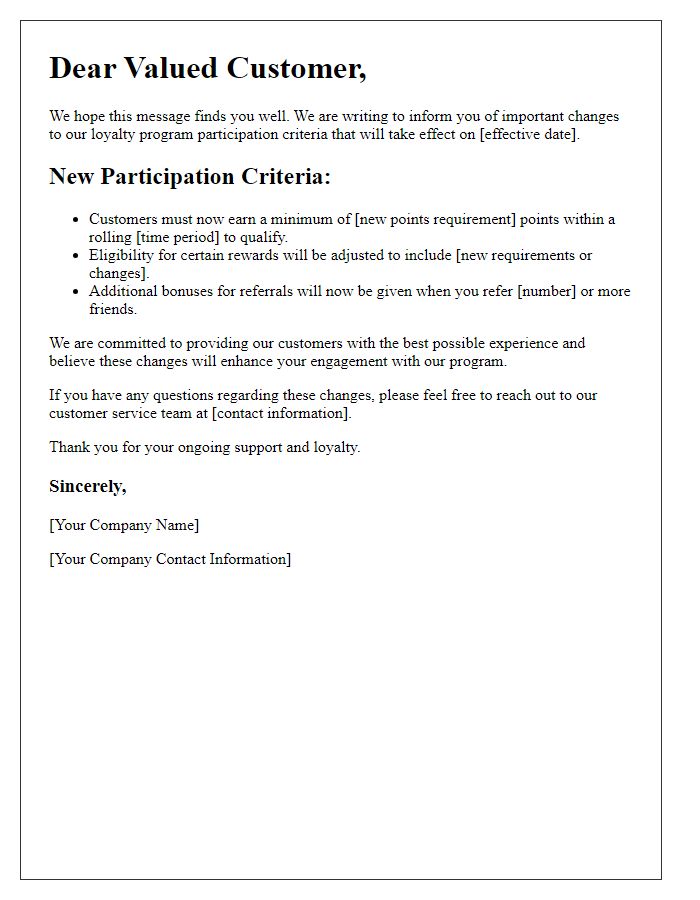 Letter template of changes to the loyalty program participation criteria.