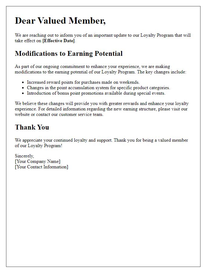 Letter template of modifications to loyalty program earning potential.