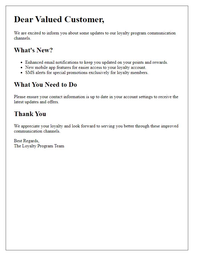 Letter template of notifying updates to loyalty program communication channels.