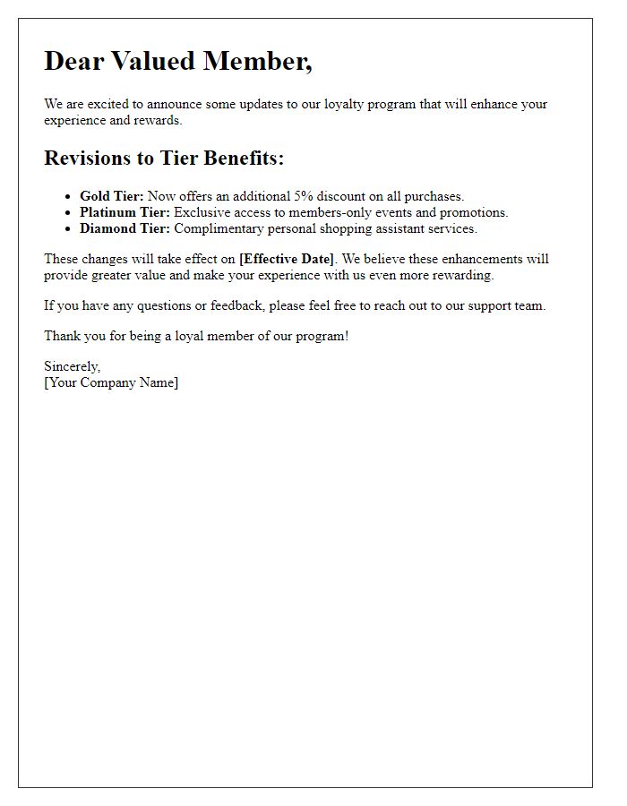 Letter template of revisions to loyalty program tier benefits.