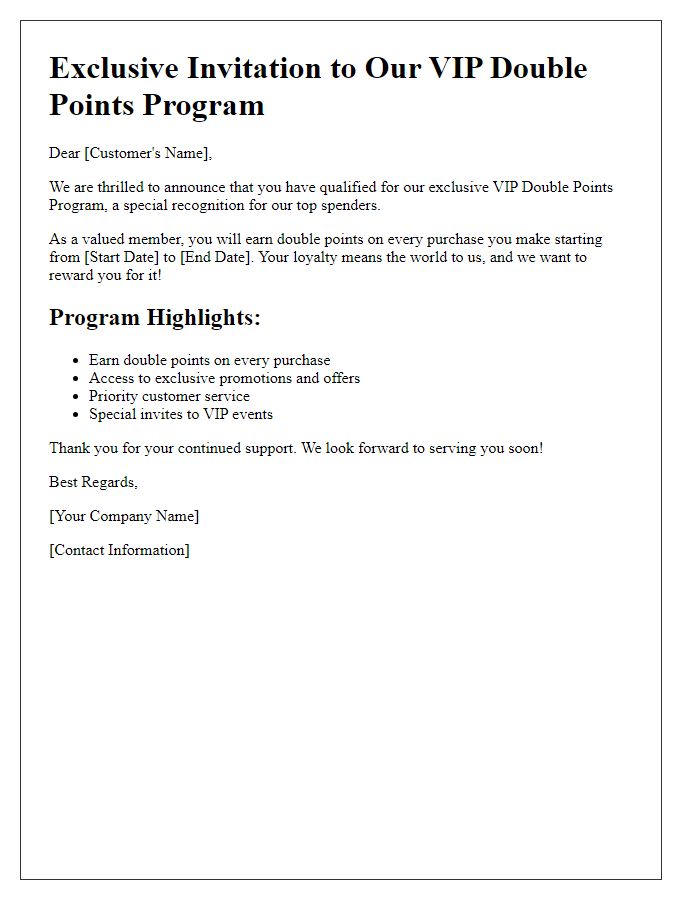 Letter template of VIP double points program for top spenders