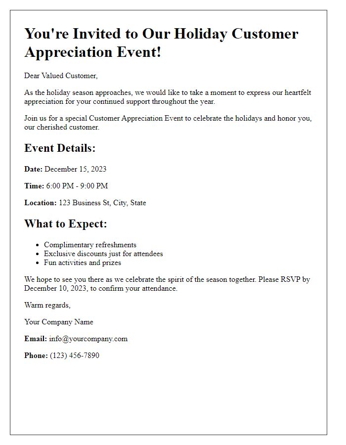 Letter template of customer appreciation event for the holidays