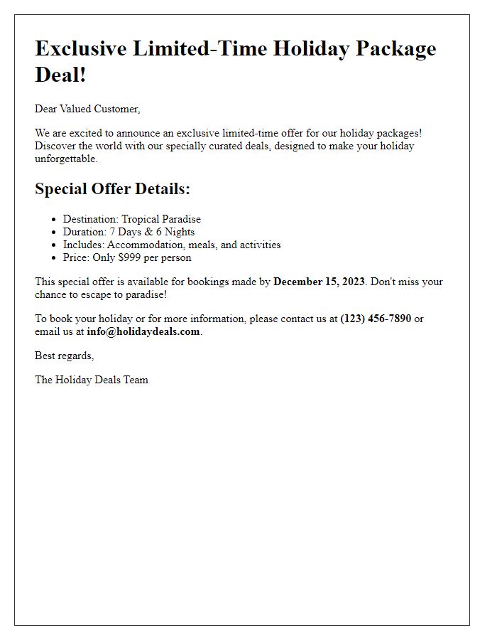 Letter template of limited-time holiday package deal notification