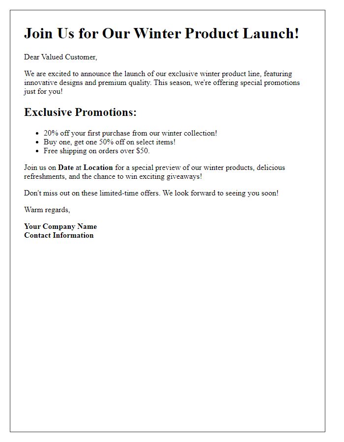 Letter template of winter product launch featuring exclusive promotions