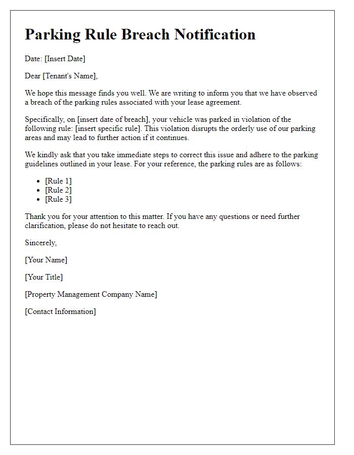 Letter template of parking rule breach communication for tenants