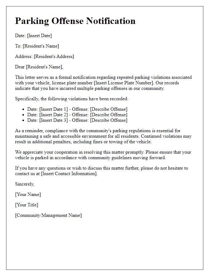 Letter template of repeated parking offense notification for residents