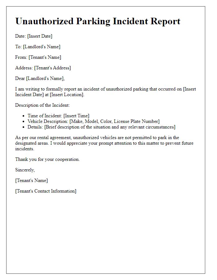 Letter template of tenant unauthorized parking incident report