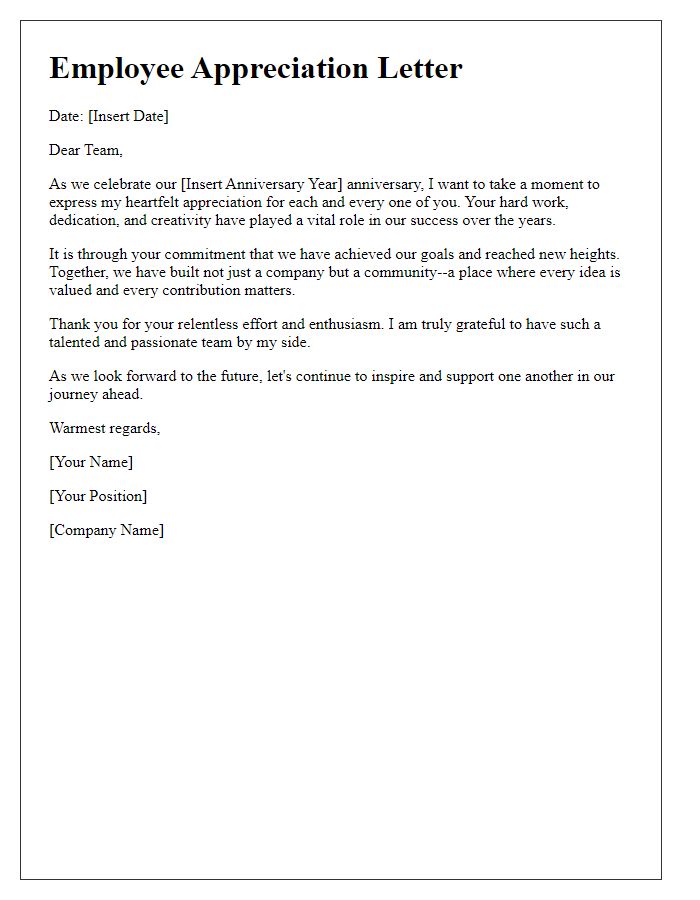 Letter template of appreciation for employees on business anniversary celebrations.