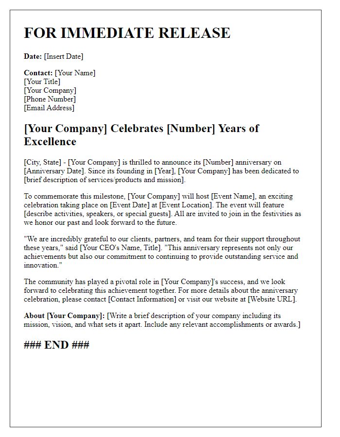 Letter template of press release for business anniversary celebrations.