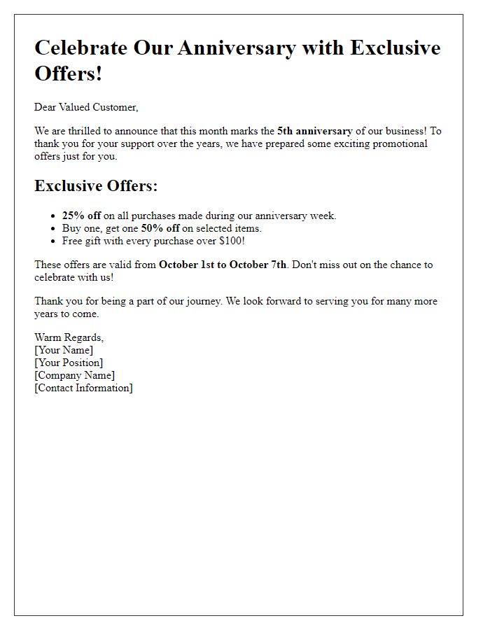 Letter template of promotional offers for business anniversary celebrations.