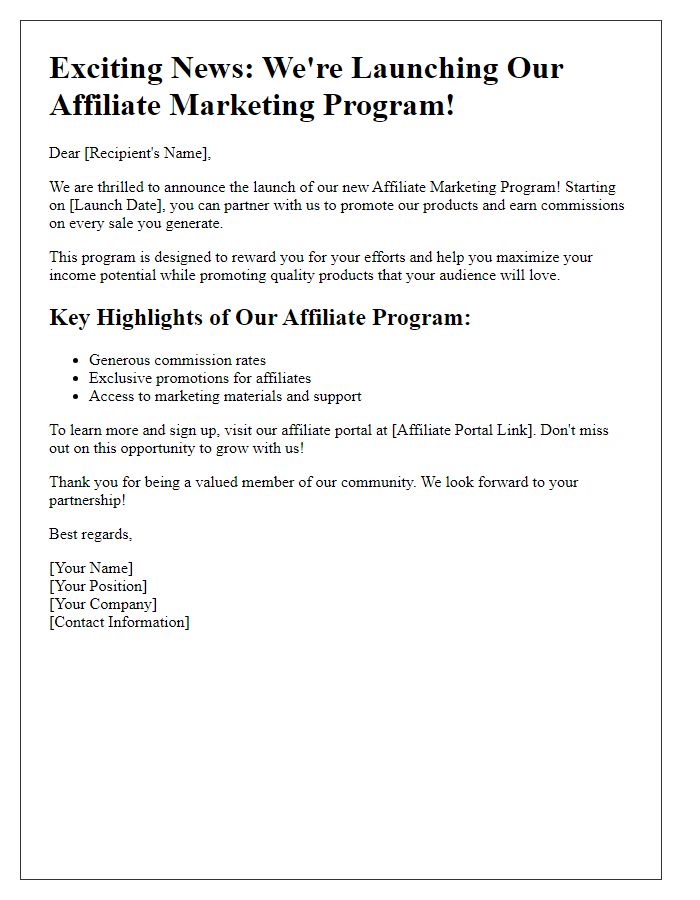 Letter template of announcing our affiliate marketing launch