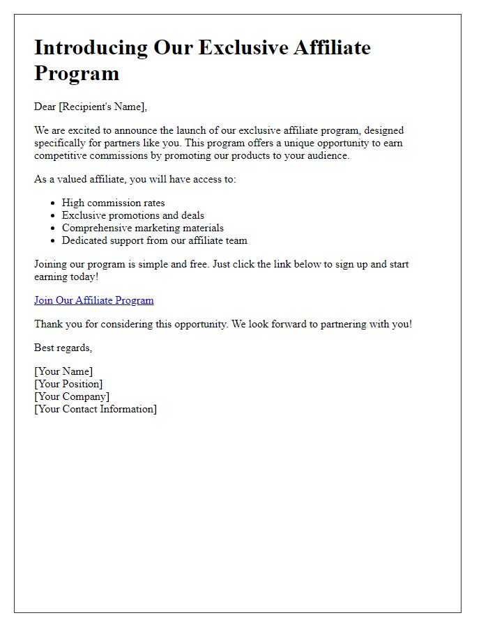 Letter template of introducing our exclusive affiliate program