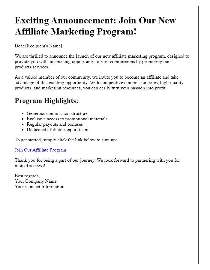 Letter template of launching our new affiliate marketing opportunity