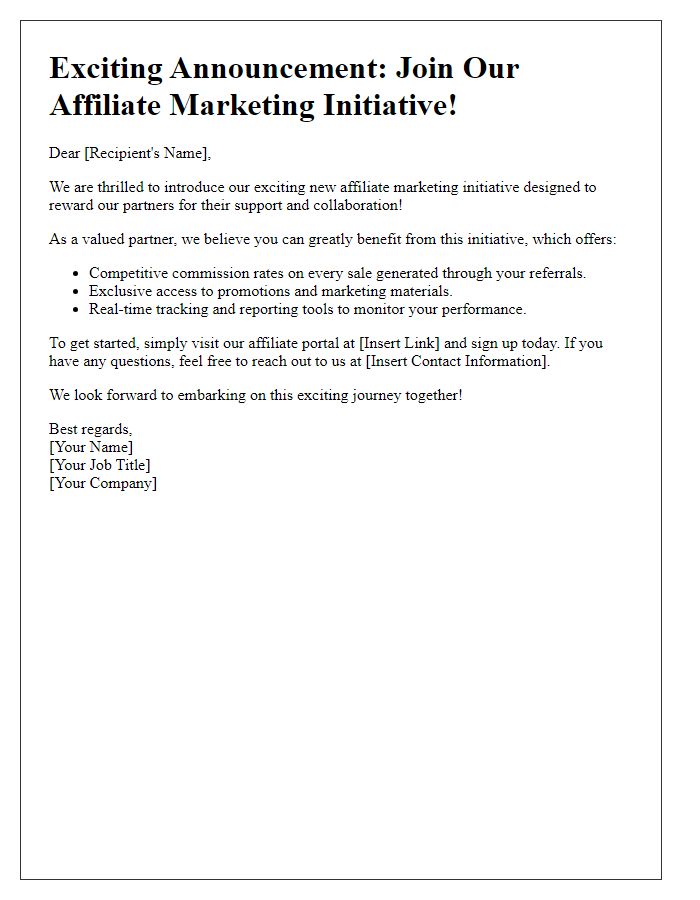 Letter template of sharing our exciting affiliate marketing initiative