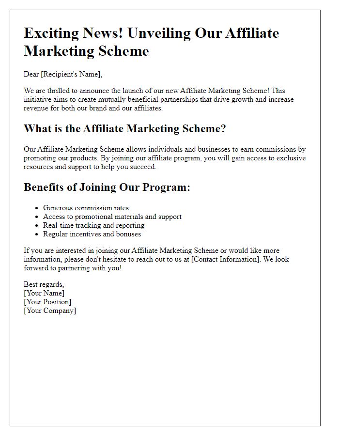 Letter template of unveiling our affiliate marketing scheme