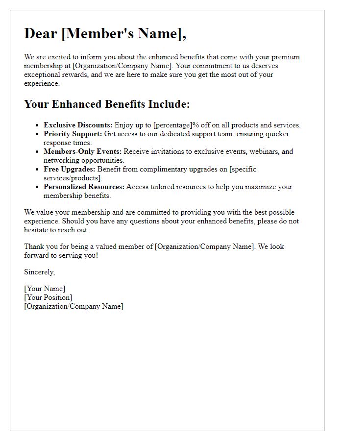 Letter template of enhanced benefits for premium membership