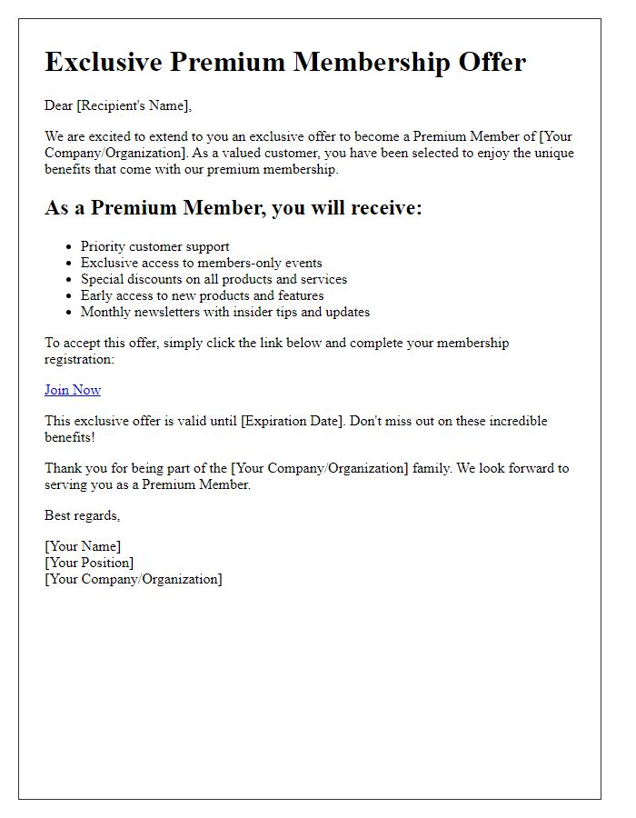 Letter template of exclusive premium membership offer