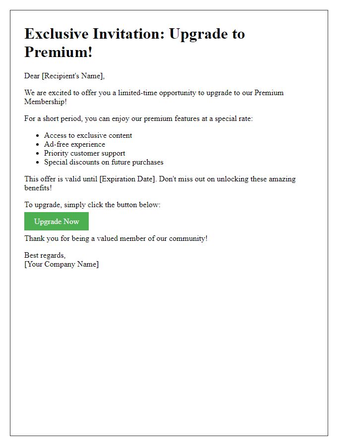 Letter template of limited-time premium upgrade invitation